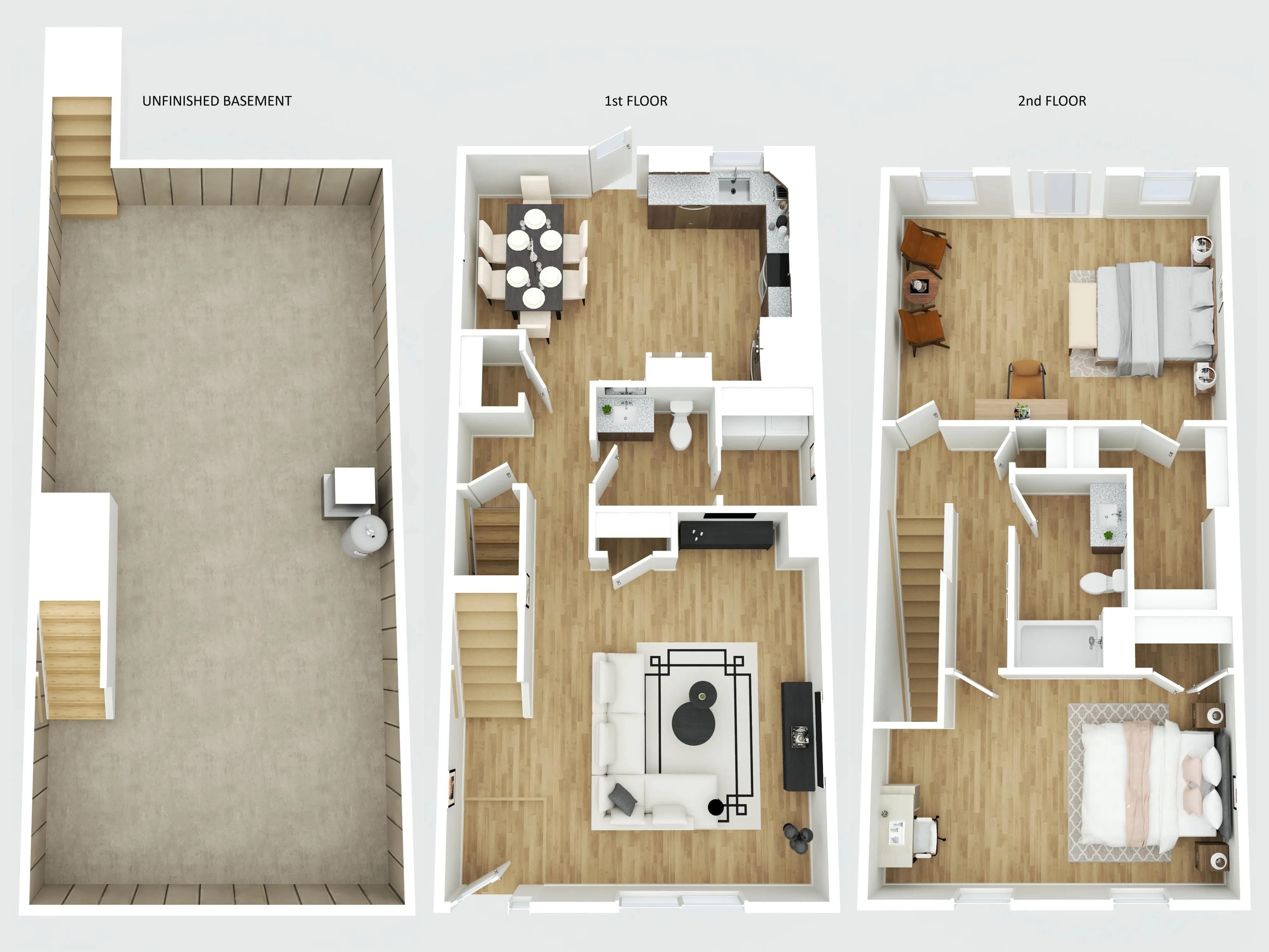 Charming 3D floor plan featuring an unfinished basement, elegant dining area next to a modern kitchen, comfortable living room, and upstairs layout with 2 cozy bedrooms and a bathroom.