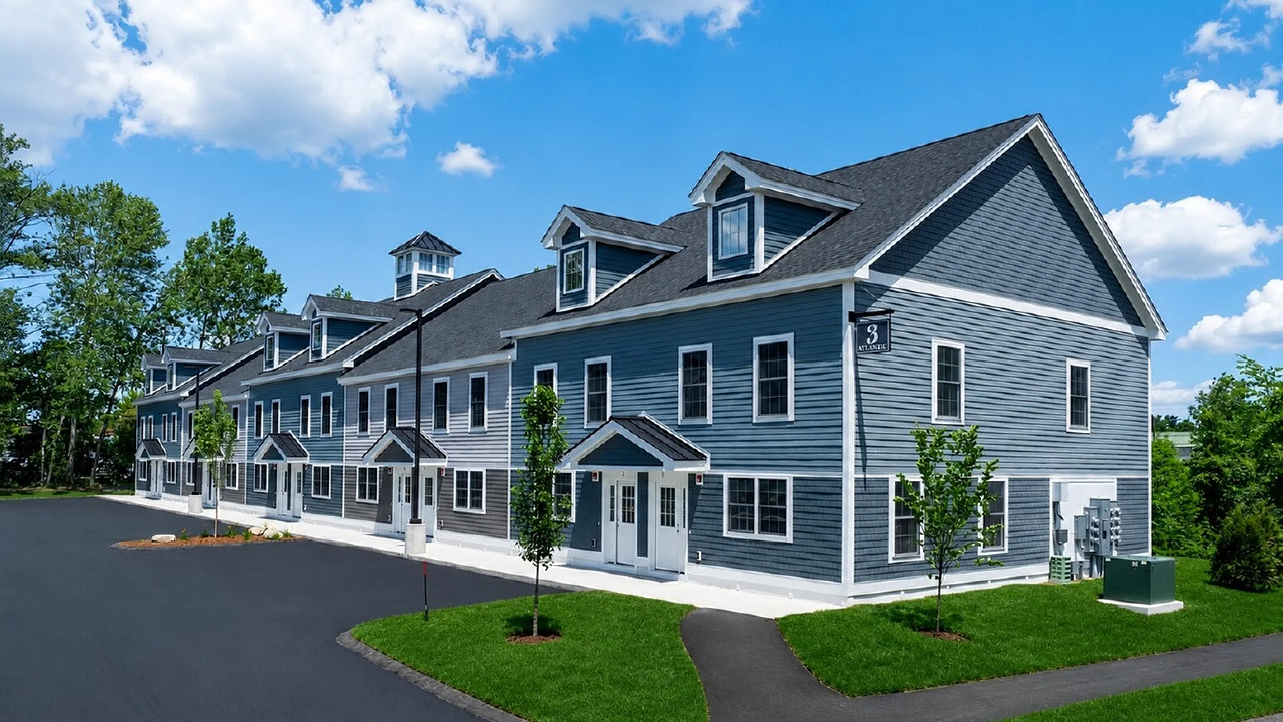 Charming duplex with modern blue siding, surrounded by lush greenery and spacious driveways, under a bright blue sky.