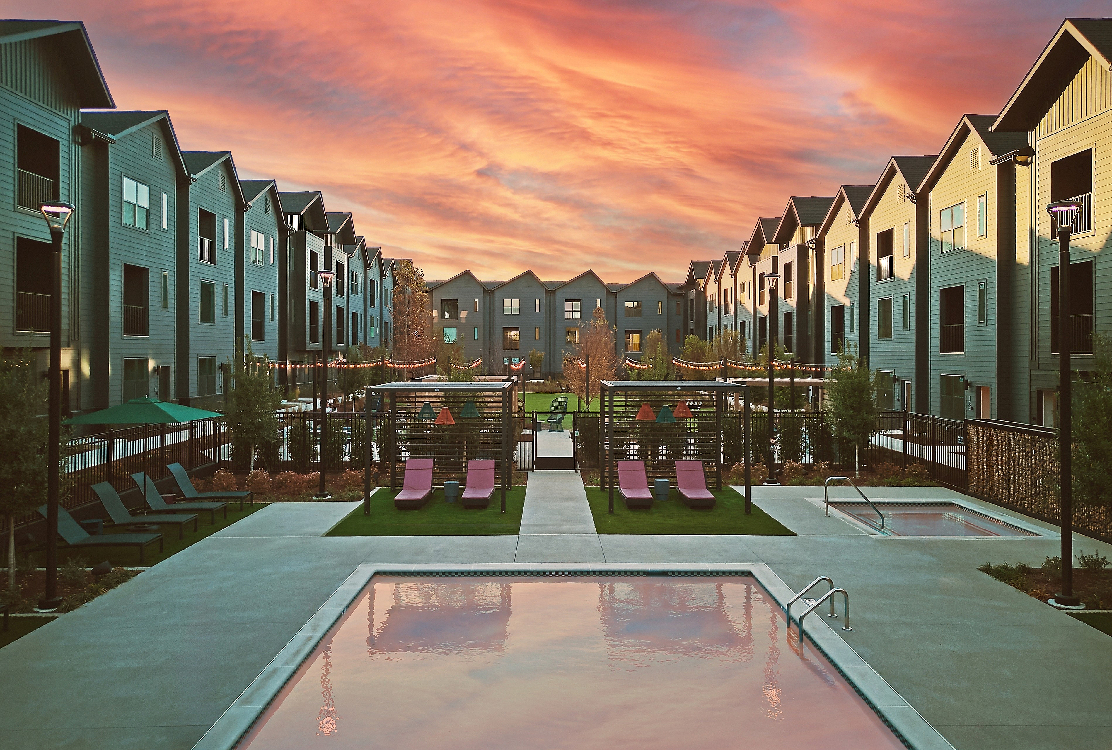 WeHo townhomes for rent with a heated pool and cabanas.
