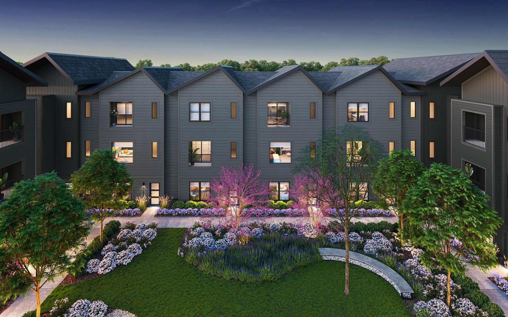 Luxury townhomes for rent in WeHo with an expansive amenity lawn and lush landscaping