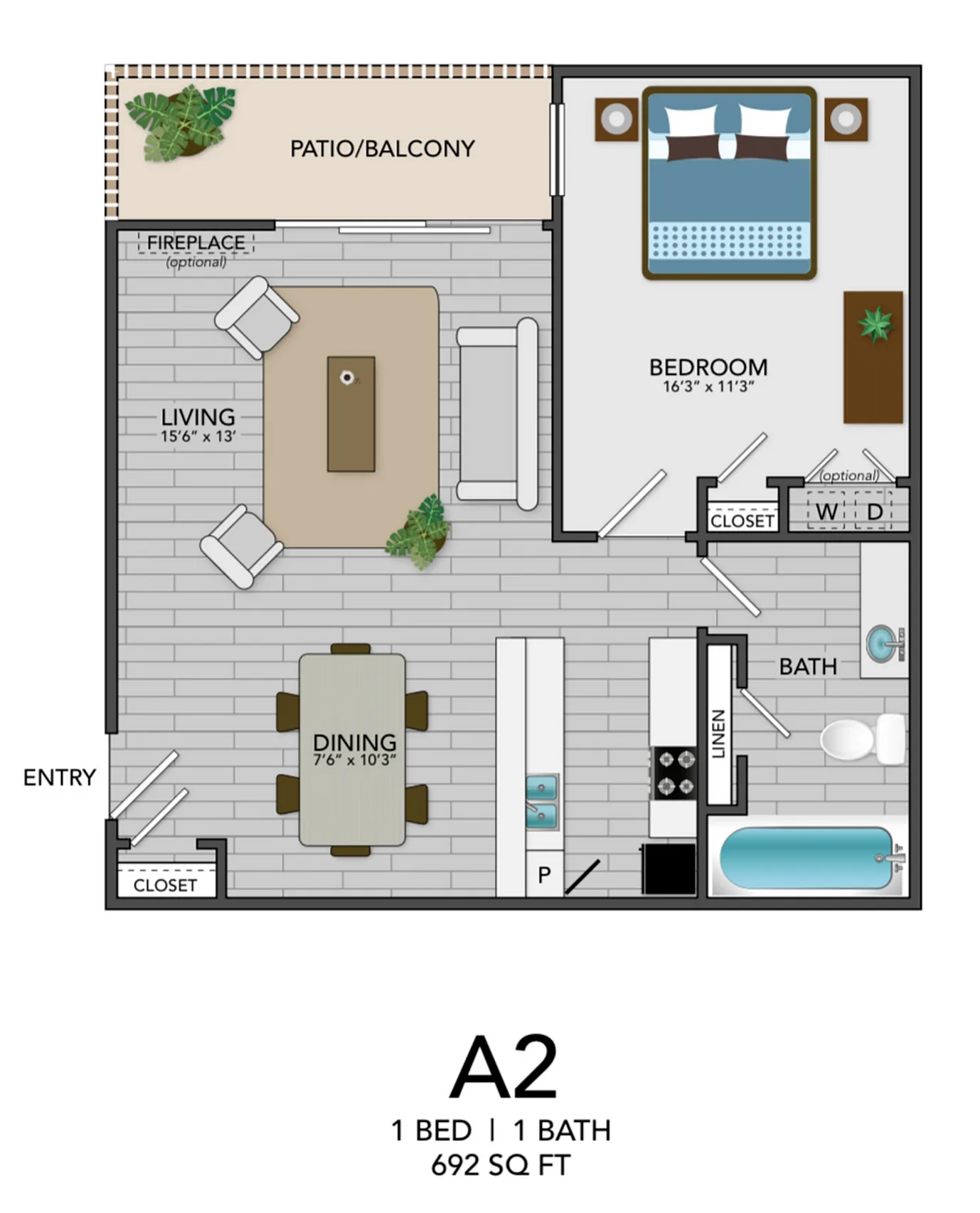 A2 - 1BD, 1BA - 692SF