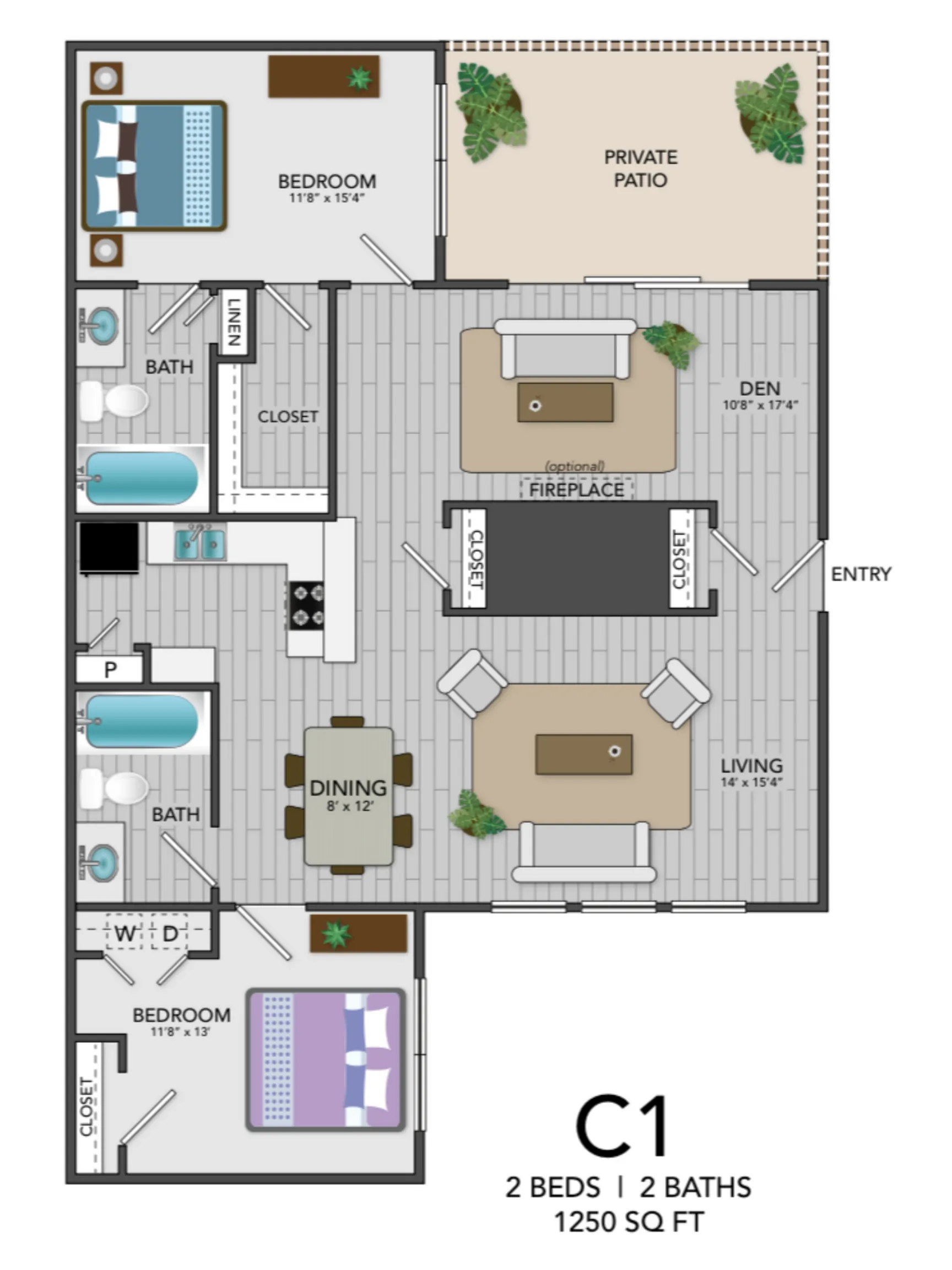 C1 - 2BD, 2BA - 1250SF