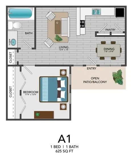 A1 - 1BD, 1BA - 625SF
