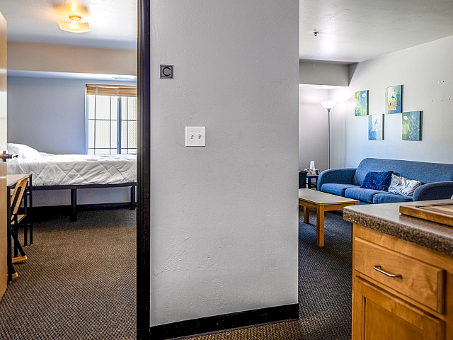 Inviting apartment layout featuring a cozy bedroom with natural light, a comfortable living room with stylish decor, and a modern kitchen area.