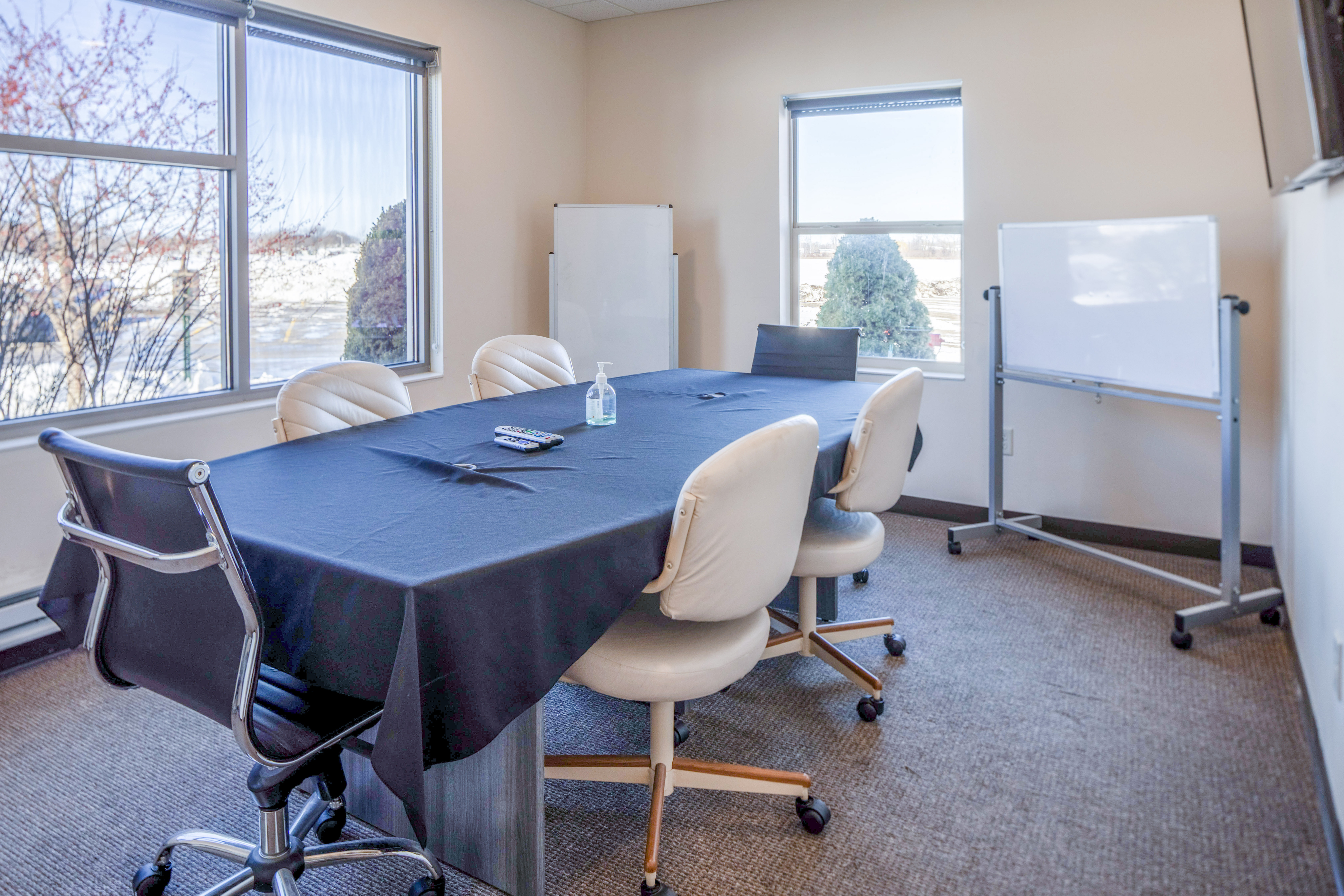 Vibrant meeting room with large windows, conference table, and office chairs.