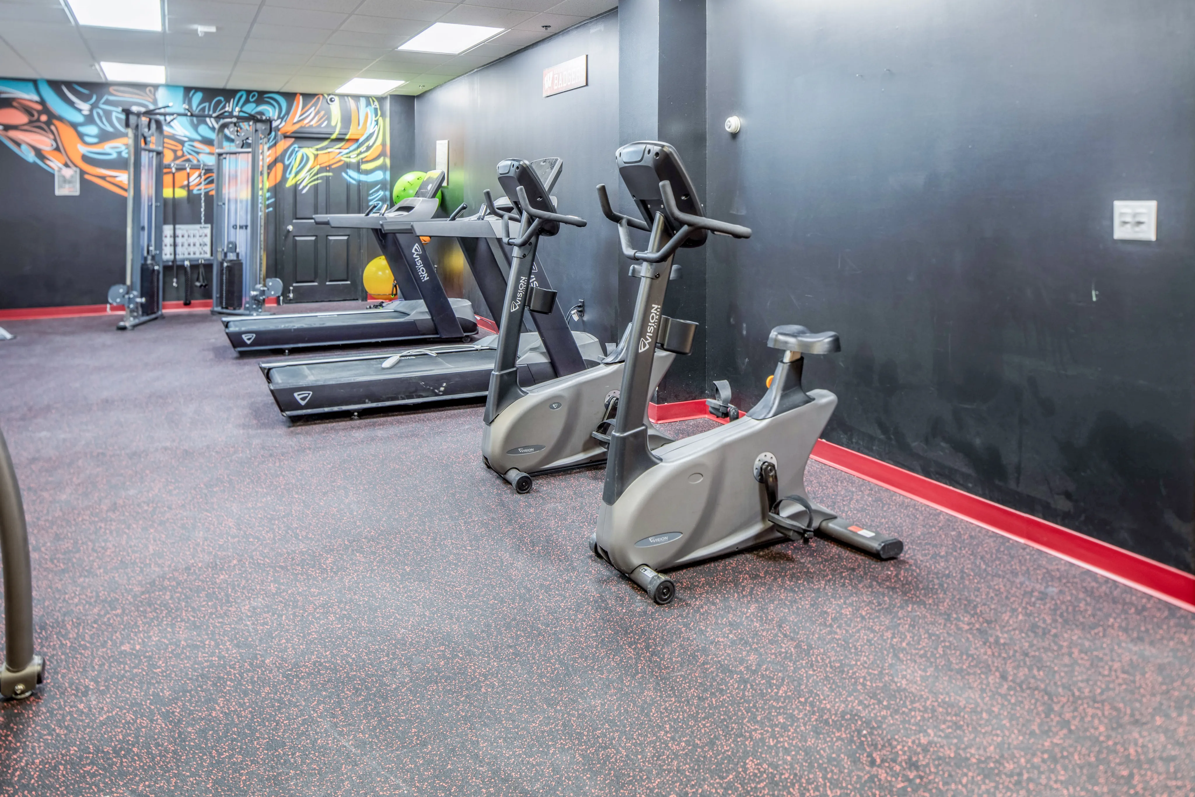 Modern gym facility with state-of-the-art exercise bikes and treadmills, complemented by colorful wall art.