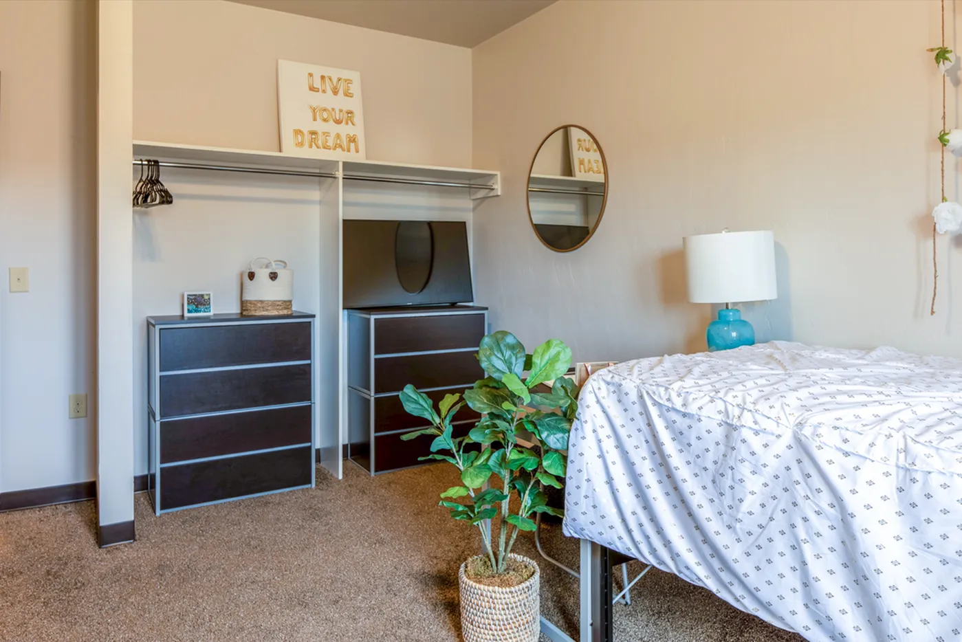 Furnished bedroom at Timberwolf Suites Student Living