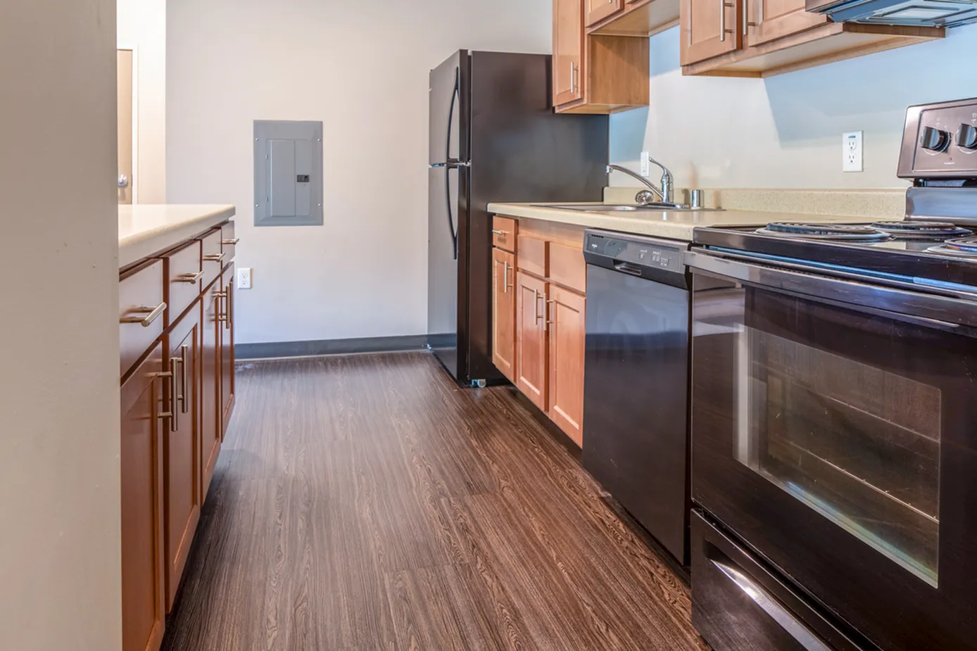 Elegant modern kitchen with dark hardwood flooring, sleek black appliances, and rich wooden cabinetry offering ample storage.