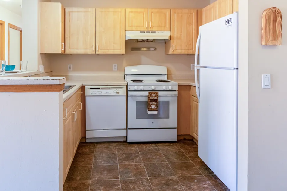 Modern kitchen with light wood cabinets, dishwasher, oven, and spacious countertops, perfect for culinary enthusiasts.