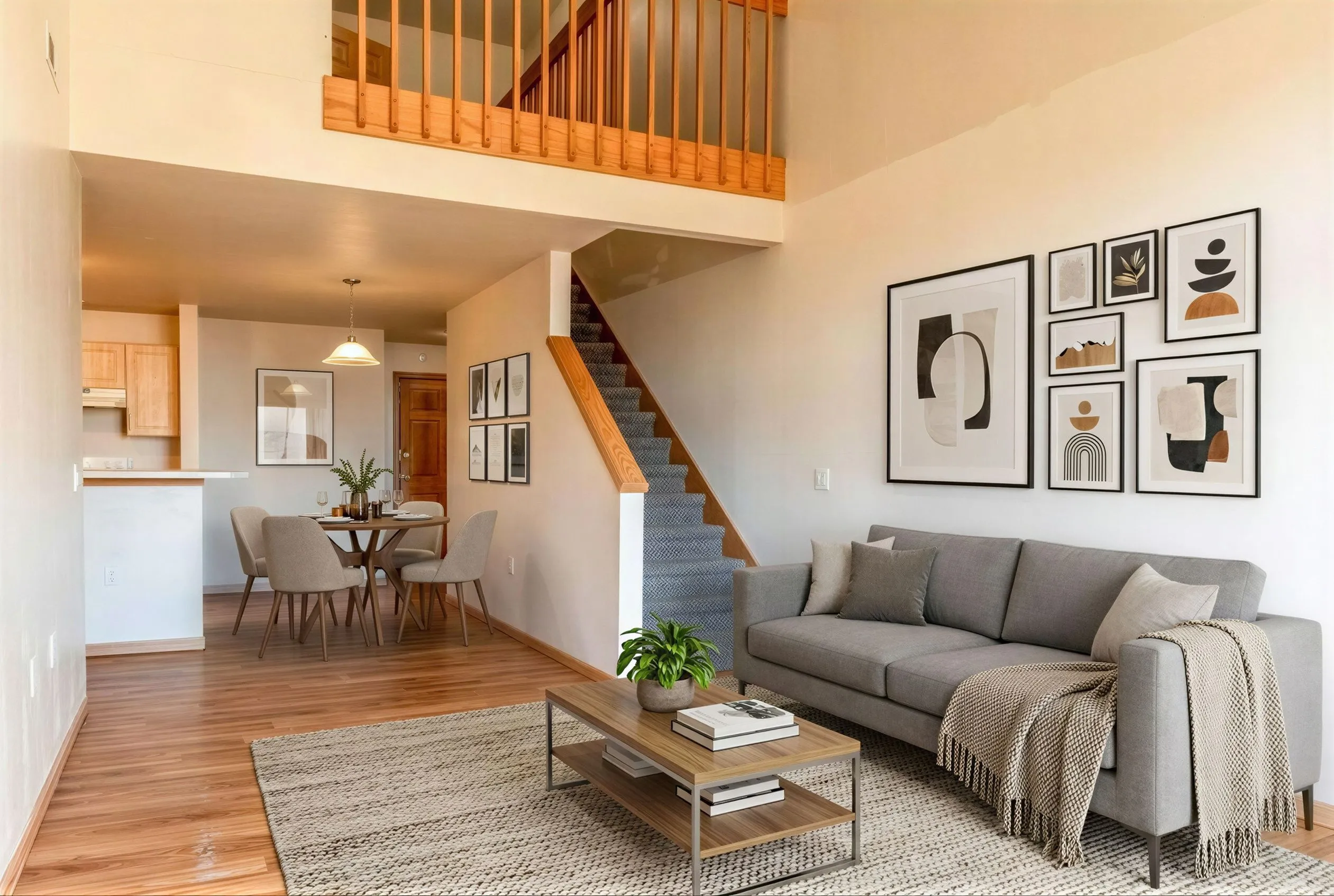 Modern living room with stylish decor, cozy gray sofa, wooden dining table, and staircase leading to an inviting loft space.