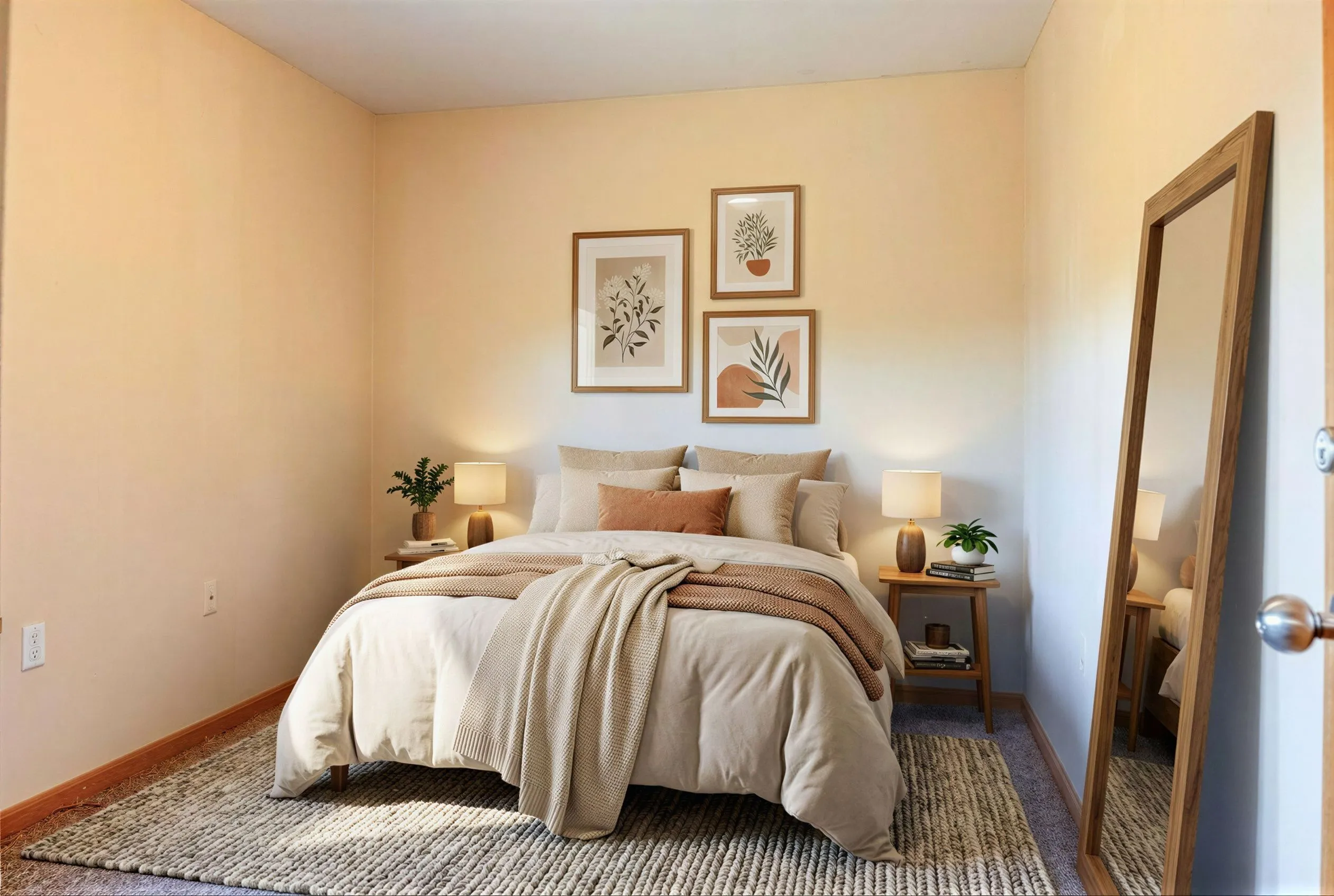 Inviting bedroom featuring a cozy bed with plush pillows, soft lighting, and elegant wall art creating a serene atmosphere.