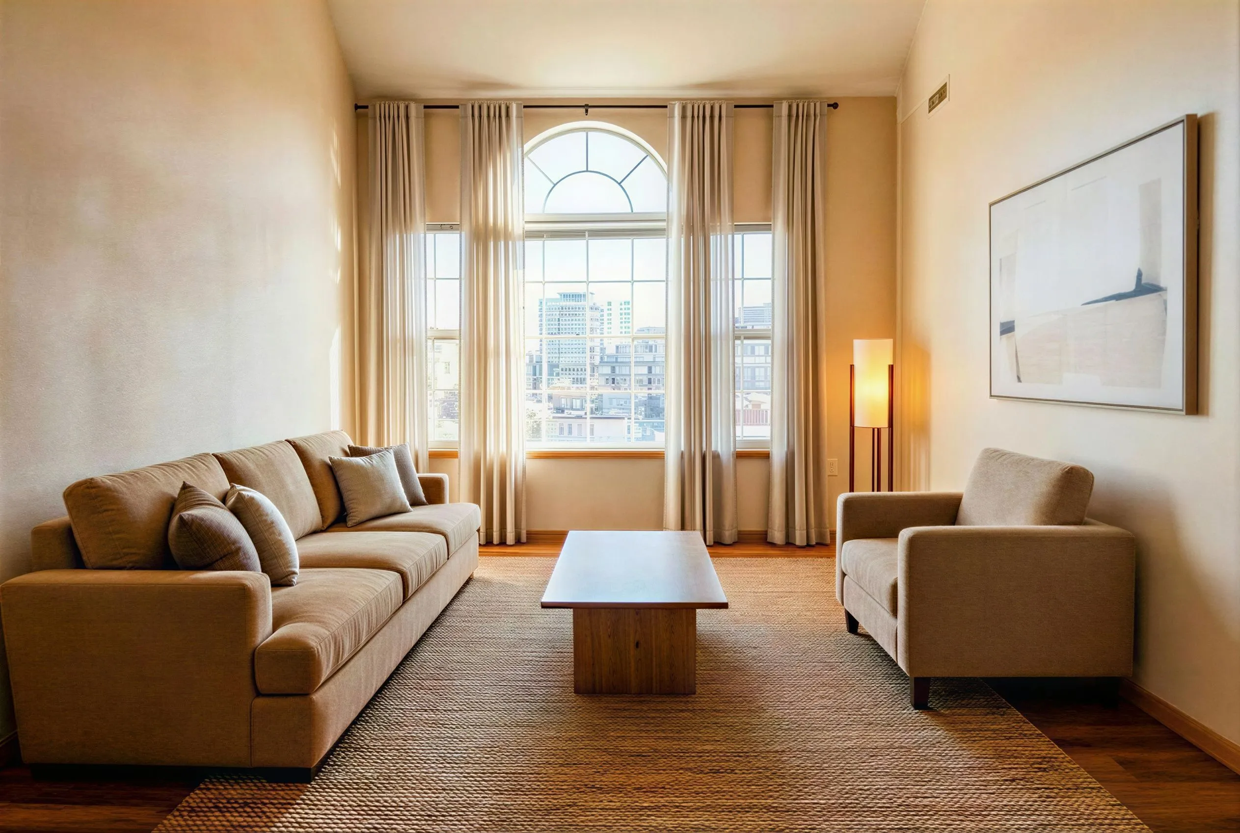 Inviting living room with large windows offering a stunning city view, featuring elegant neutral decor, cozy seating area with plush sofas, and ambient lighting.