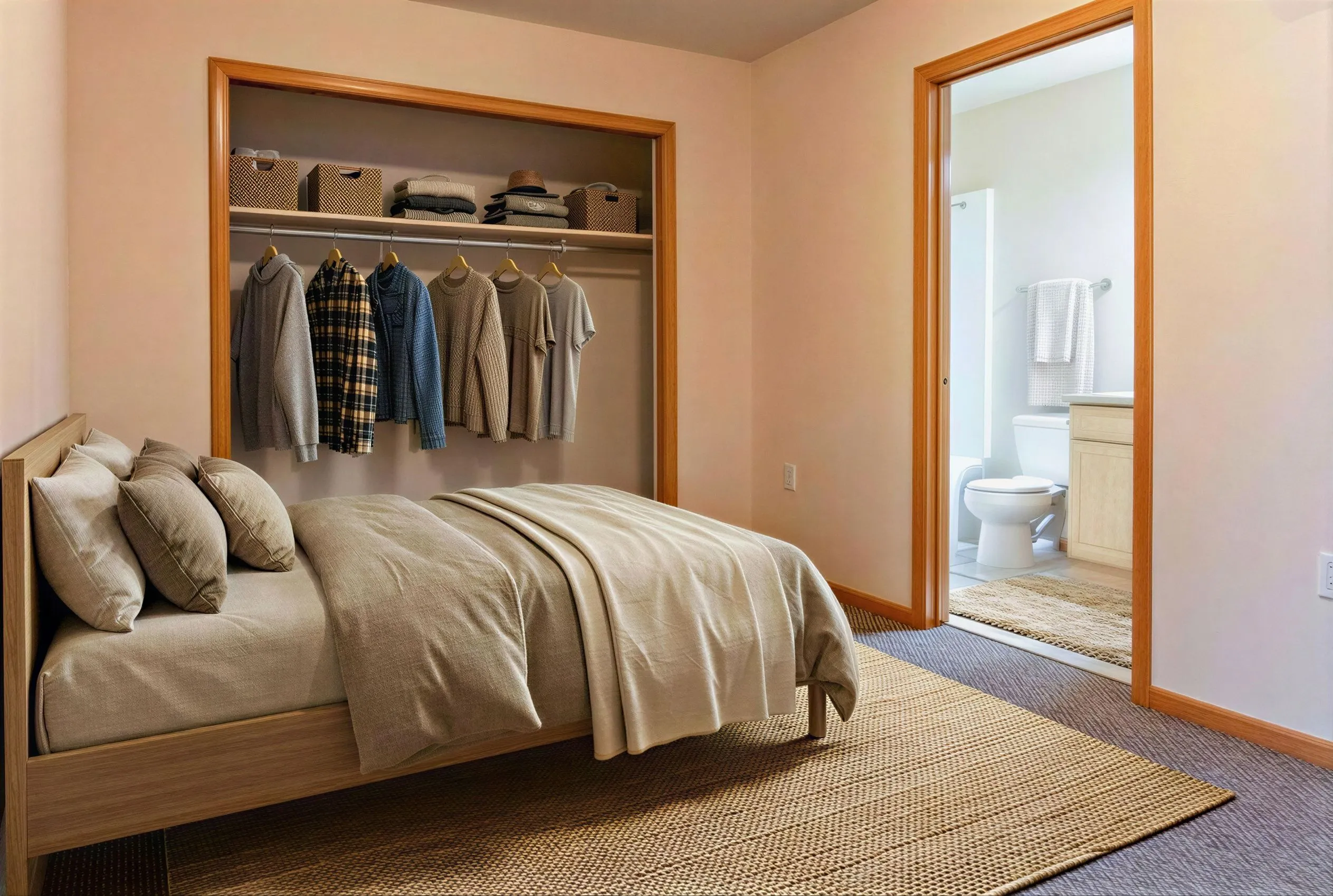 Inviting bedroom with cozy neutral bedding, sleek built-in closet, and private en-suite bathroom, perfect for relaxation.
