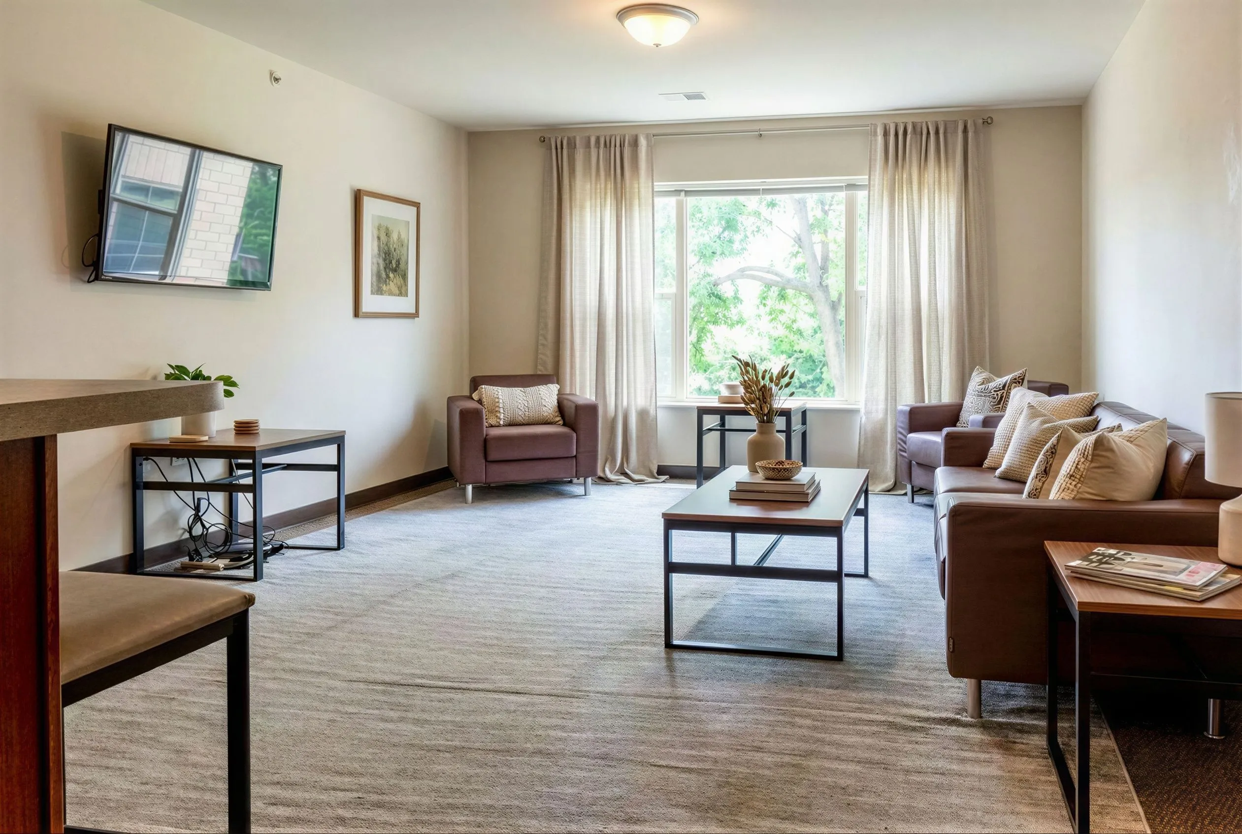 Bright and inviting living room with contemporary furniture, large window view, and elegant decor for a cozy atmosphere.