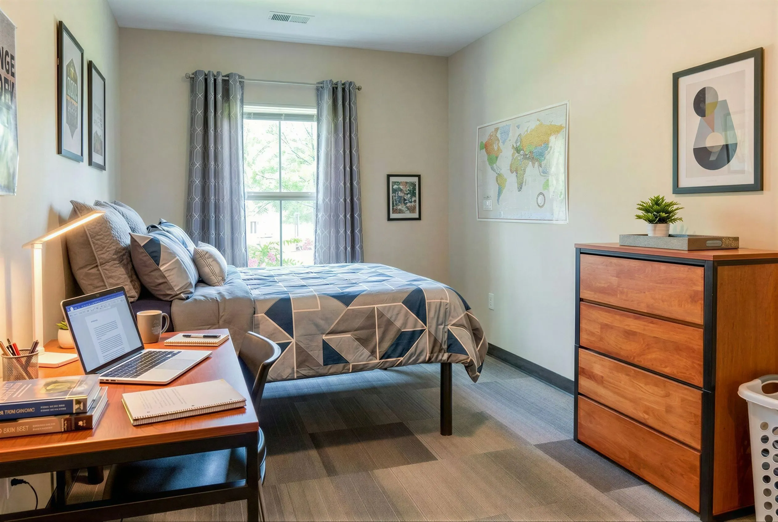 Modern bedroom with a stylish desk, cozy bed, and natural light from a large window; perfect for productivity and relaxation.