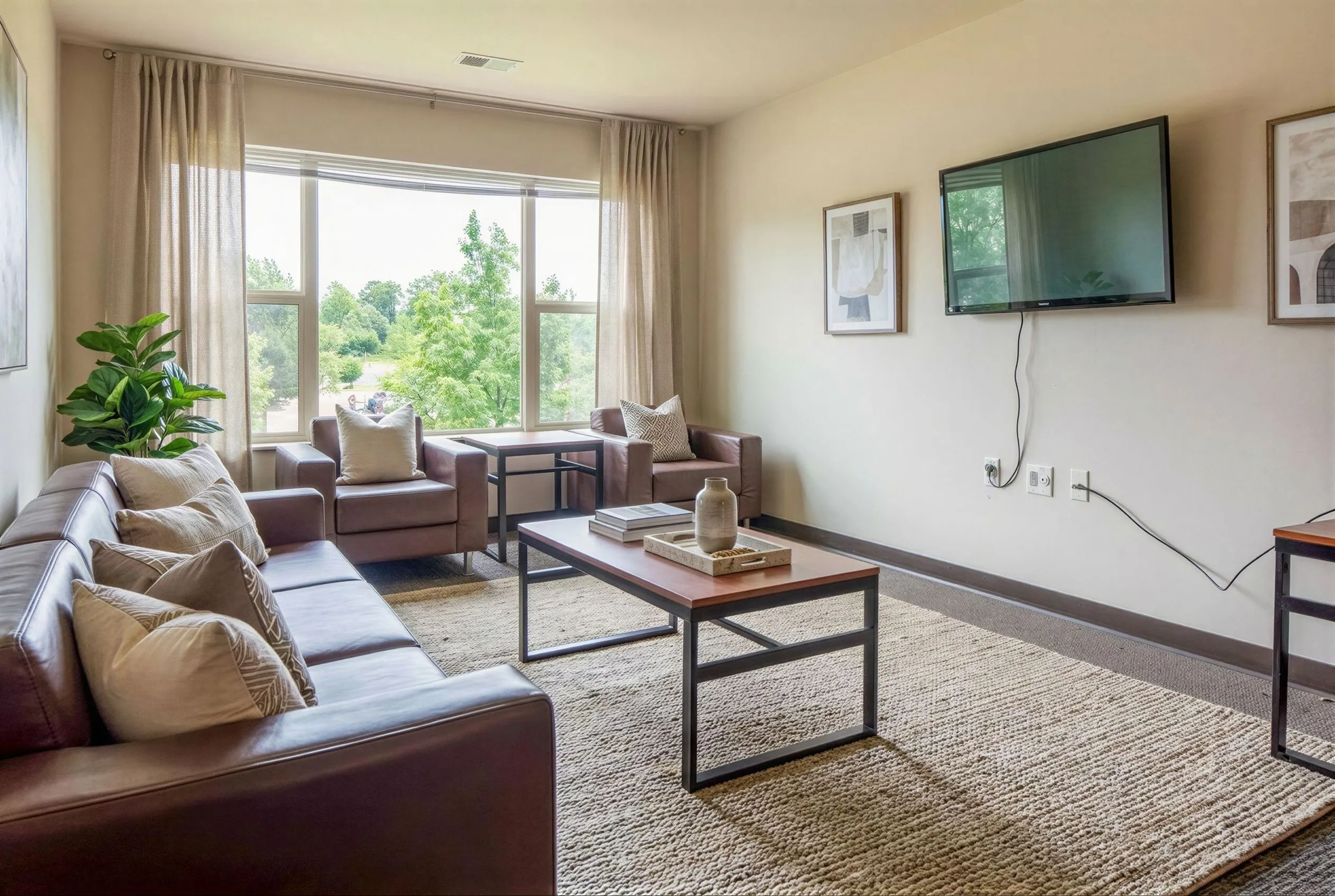 Inviting living room with modern leather sofas, large windows with scenic views, and a wall-mounted TV. Neutral decor, lush greenery, and abundant natural light create a welcoming atmosphere.