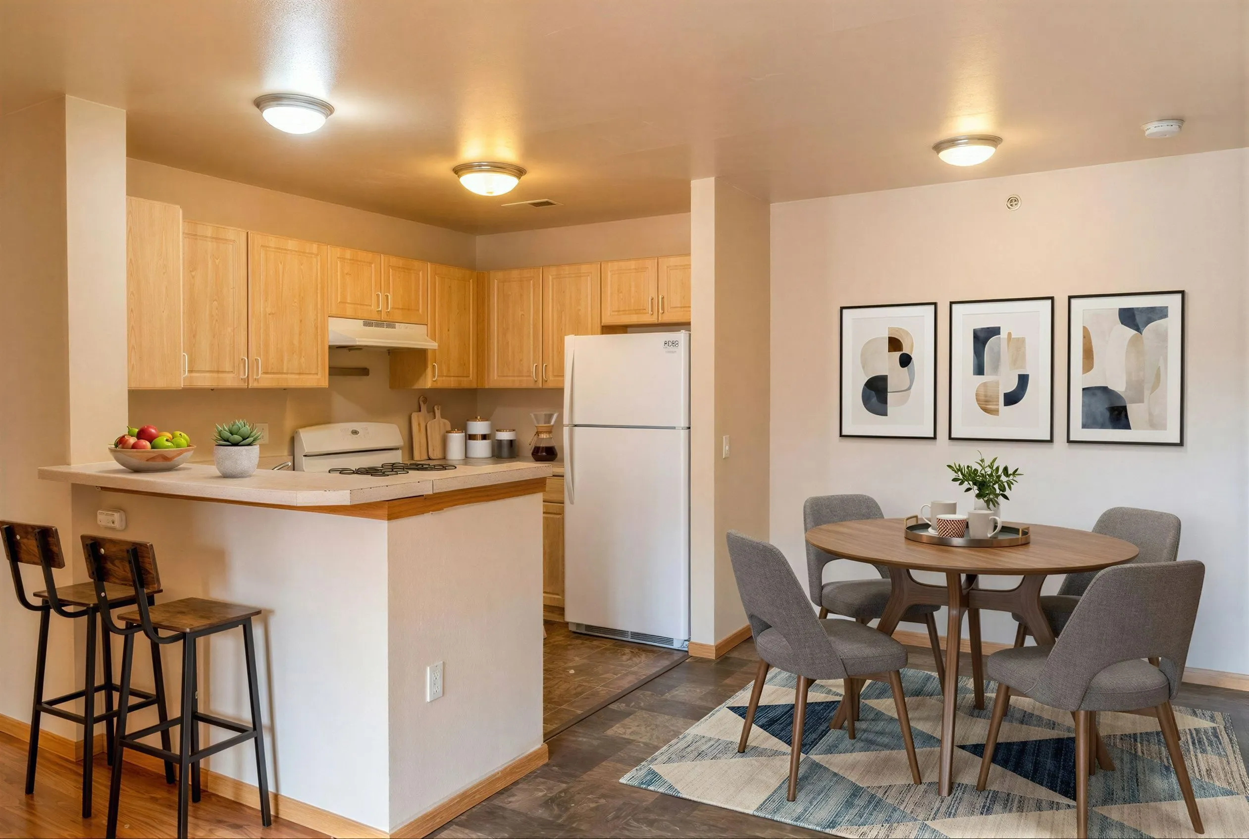 Chic open-plan kitchen and dining area with light wood cabinets, modern decor, and cozy seating for four.