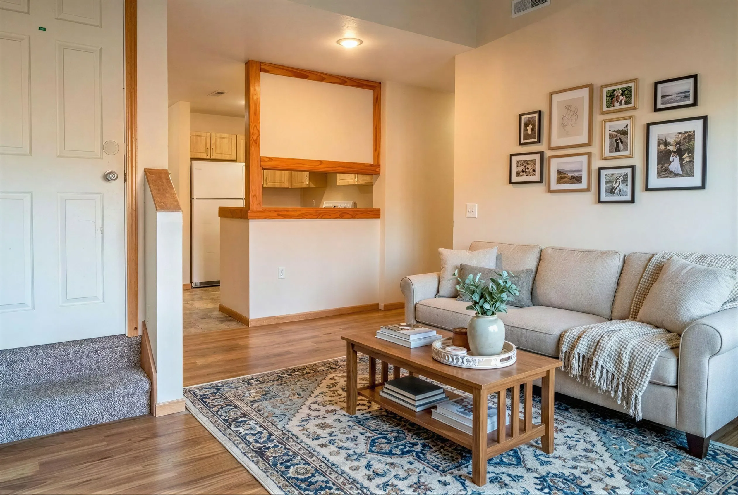 Charming open-concept living room with cozy sofa, elegant rug, stylish coffee table, and modern kitchen backdrop.