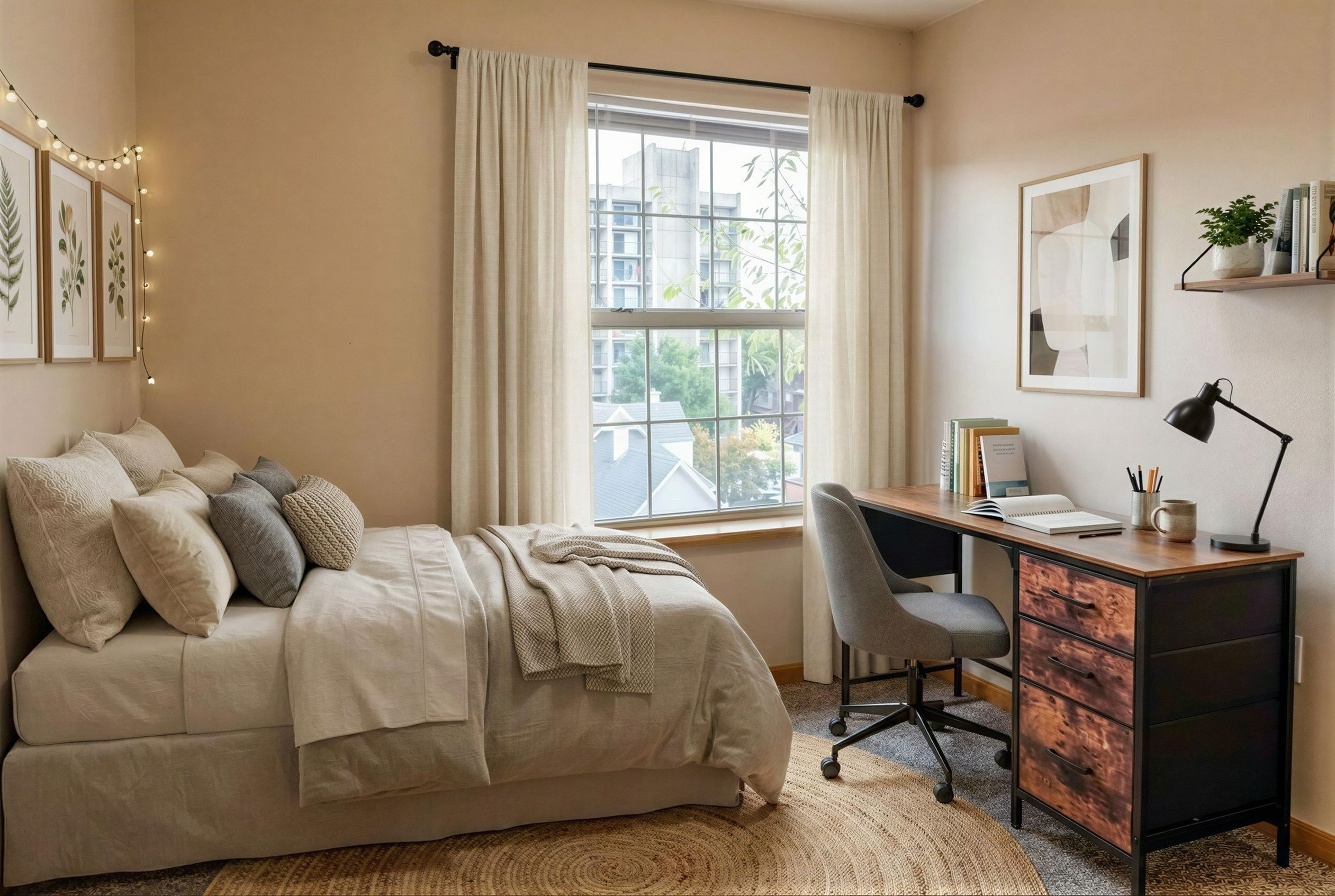 Cozy and bright bedroom with a large window view, featuring a comfortable bed, stylish decor, and a spacious desk perfect for working or studying.