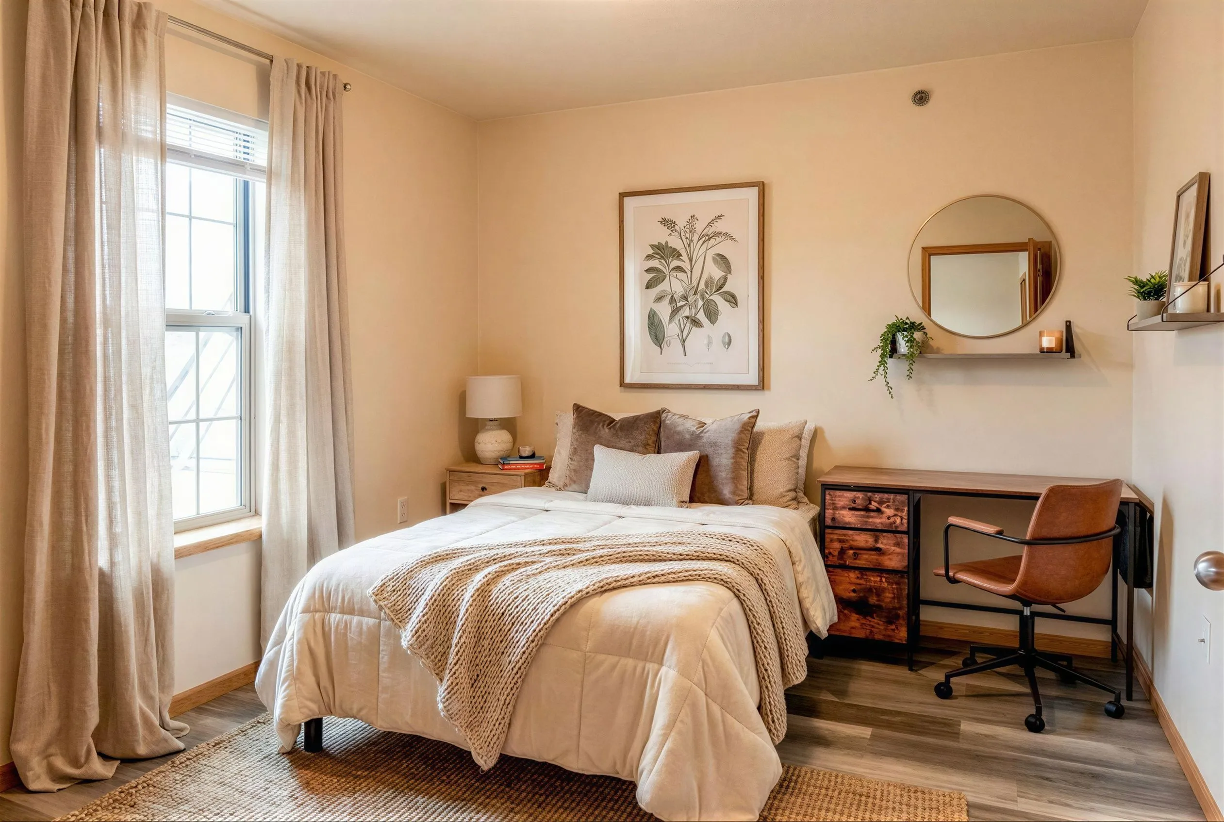 Cozy bedroom with natural light featuring a comfortable bed, stylish desk, and elegant decor in soft, warm tones.