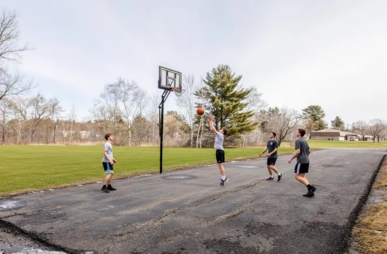 Vibrant outdoor basketball court scene with four people enjoying a friendly game under clear skies, surrounded by lush greenery.