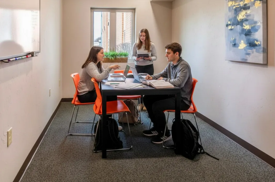Bright study room with modern furniture featuring three people collaborating at a sleek table with vibrant orange chairs.
