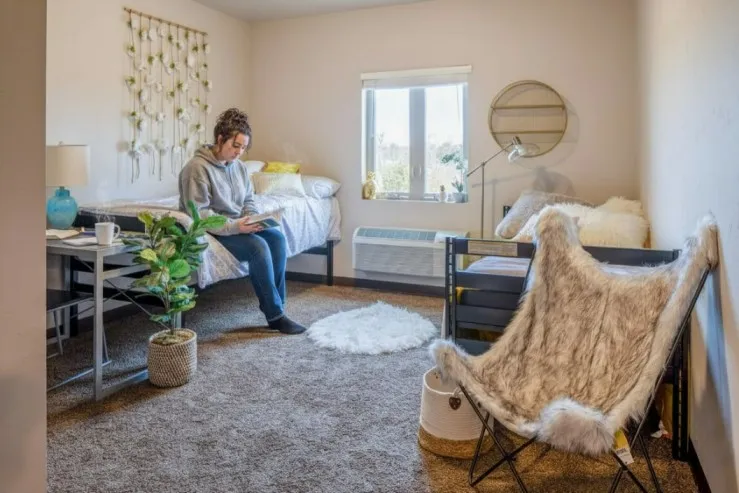 Cozy bedroom with modern decor, featuring a stylish faux fur chair, lush plant accents, and ample natural light from large window.