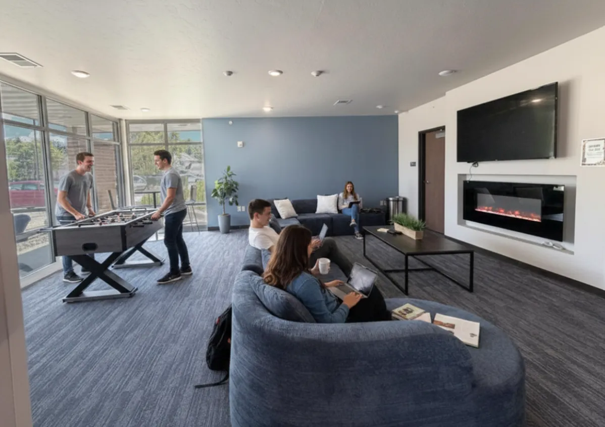 Chic communal lounge with modern fireplace, floor-to-ceiling windows, and a foosball table, perfect for relaxation and social gatherings.