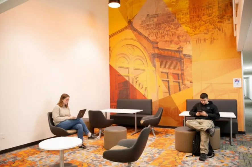 Vibrant lounge area featuring modern furniture, artistic wall mural, and ambient lighting, perfect for relaxing or working.