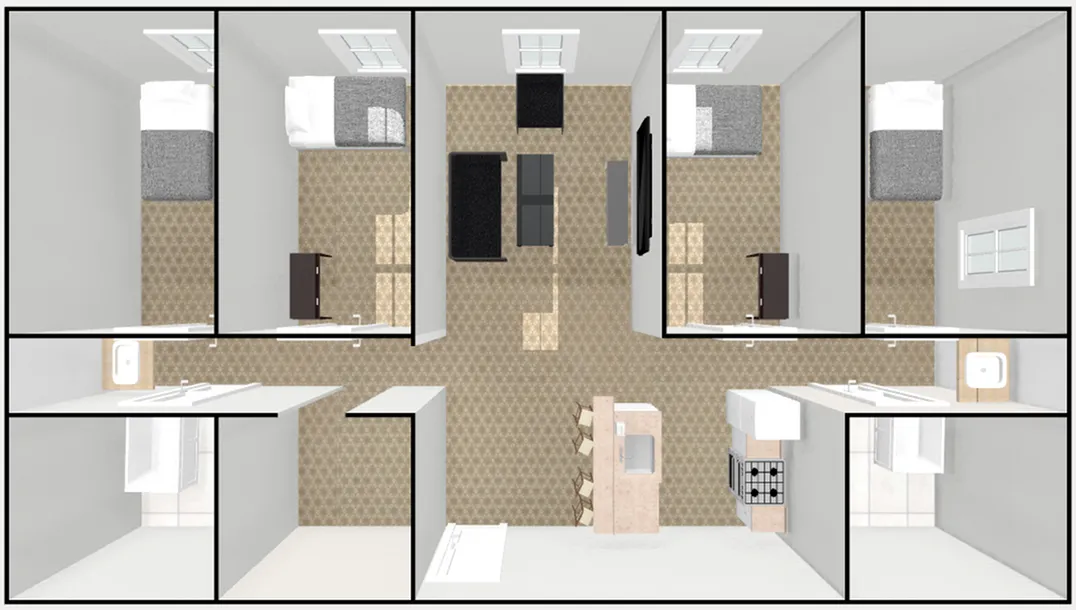 3D floor plan with 4 bedrooms, a central living area, and an open kitchen layout.