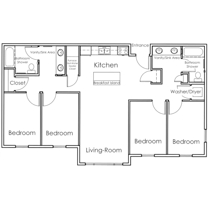Modern floor plan showcasing 4 bedrooms, a spacious kitchen with breakfast island, open living room, and two bathrooms.