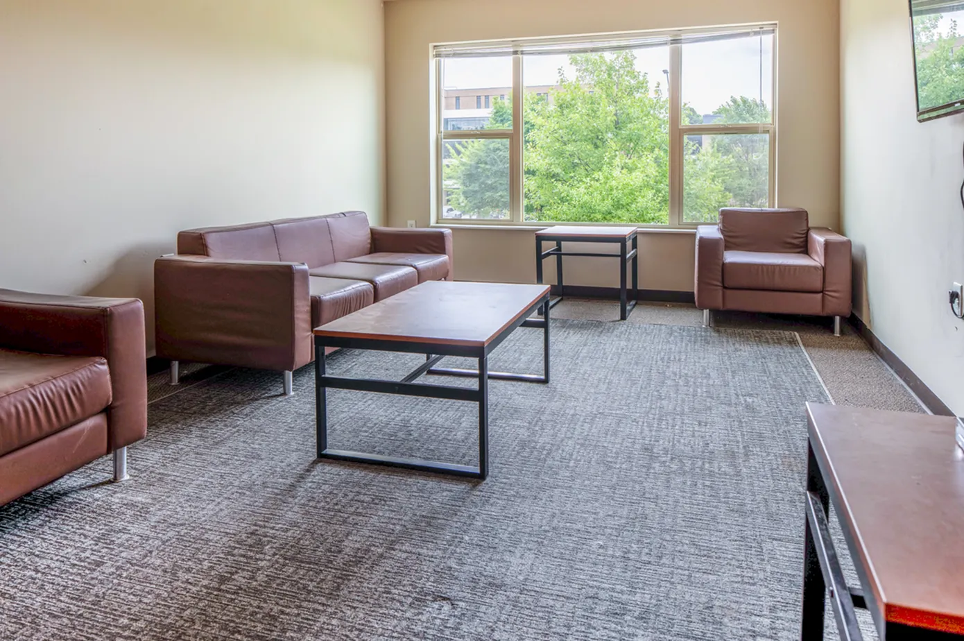 Bright and modern living room with stylish brown leather sofas, large window offering abundant natural light, and sleek minimalistic design.