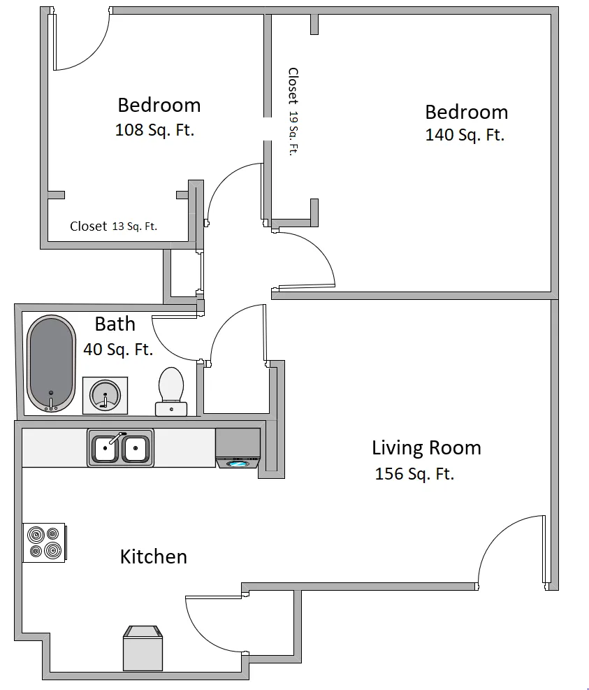 Chic floor plan displaying 2 cozy bedrooms, a spacious living room, functional kitchen, elegant bath, and ample closet spaces.