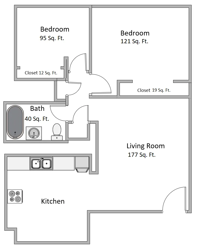 Inviting apartment floor plan with 2 spacious bedrooms, cozy living room, modern kitchen, and stylish bath totaling over 450 sq ft.