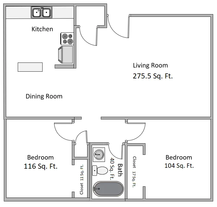 Modern floor plan with 2 bedrooms, spacious living room, and open kitchen-dining area.