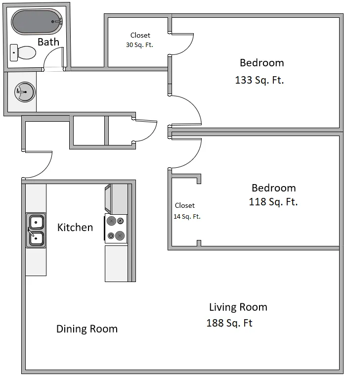 Contemporary floor plan featuring two spacious bedrooms, cozy living room, modern kitchen, and well-appointed bath.