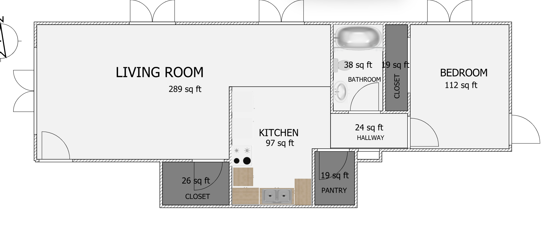 Modern floor plan featuring a spacious 289 sq ft living room, a functional 97 sq ft kitchen, and a cozy 112 sq ft bedroom. Includes bathroom, closets, and pantry for optimal storage.