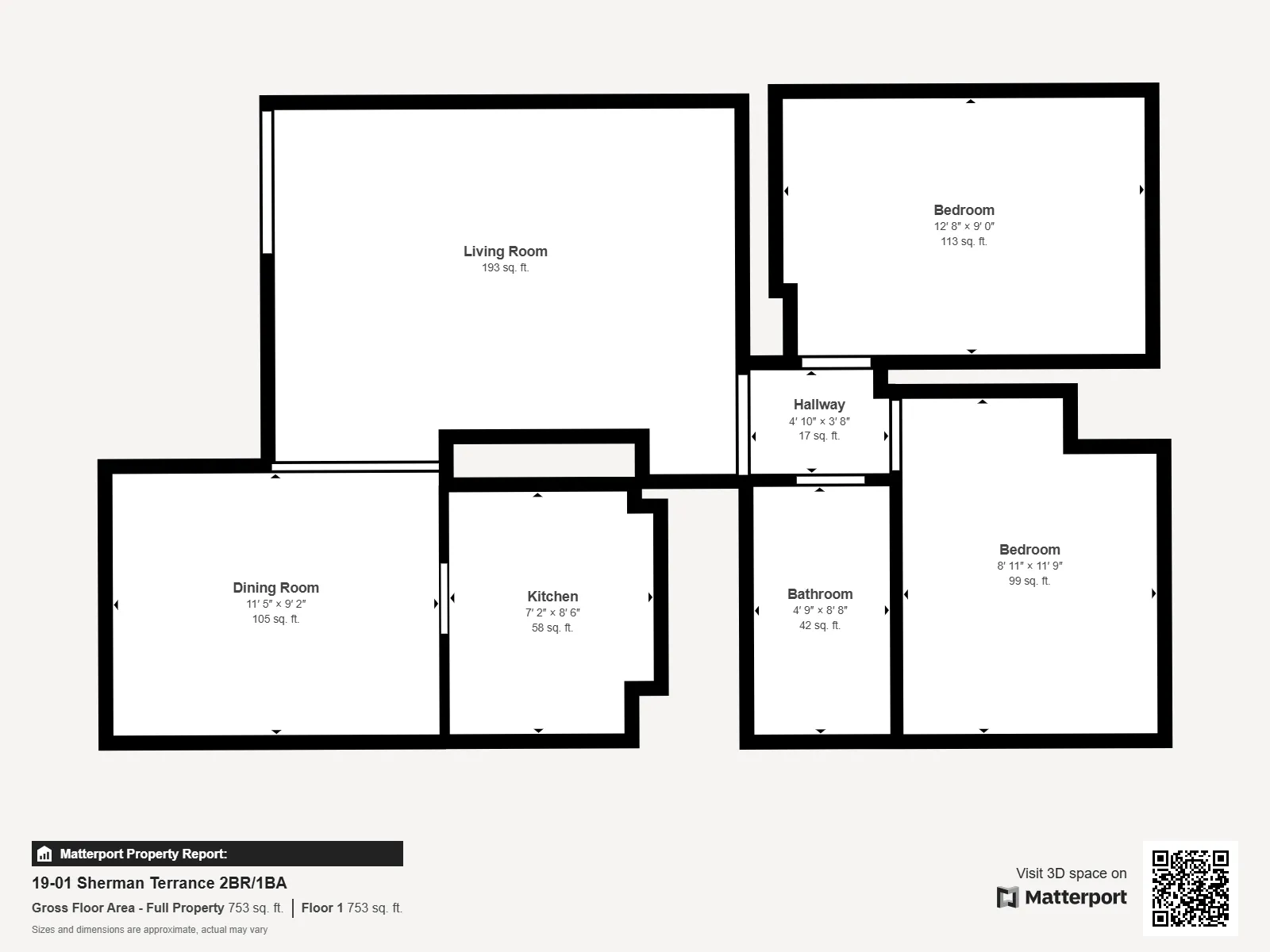 Modern floor plan of Sherman Terrace showcasing 2 bedrooms, a spacious living room, dining room, kitchen, hallway, and bathroom, covering 753 sq ft.