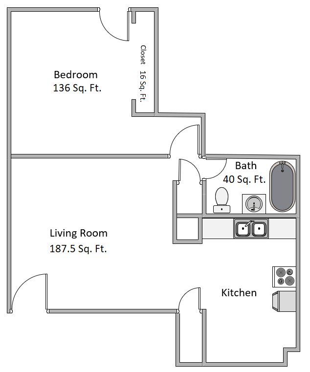Cozy apartment floor plan featuring 1 bedroom with closet, spacious living room, well-equipped kitchen, and a modern bath.