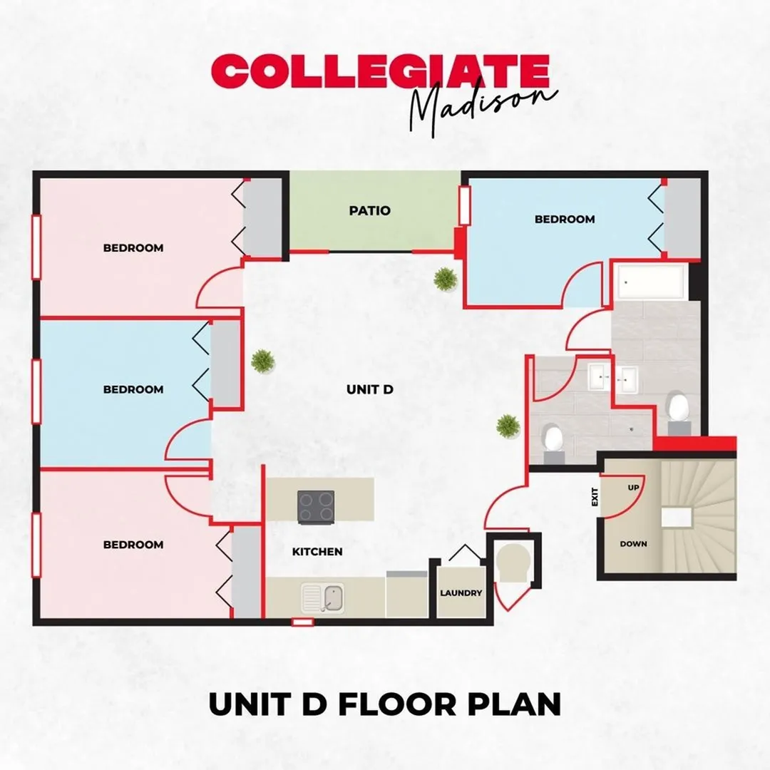 Chic Unit D floor plan with three bedrooms, modern kitchen, cozy patio, and convenient laundry room.