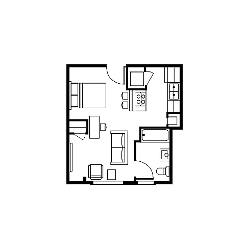 Cozy 1-bedroom apartment floor plan featuring an efficient layout with a combined living and dining area, a modern kitchen, and a compact bathroom.