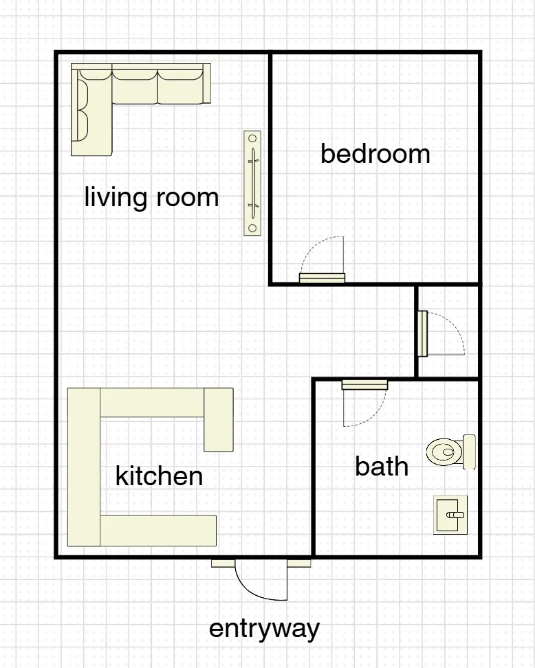 Charming floor plan showcasing a cozy one-bedroom apartment with an inviting living room, functional kitchen, and modern bath accessible from the entryway.