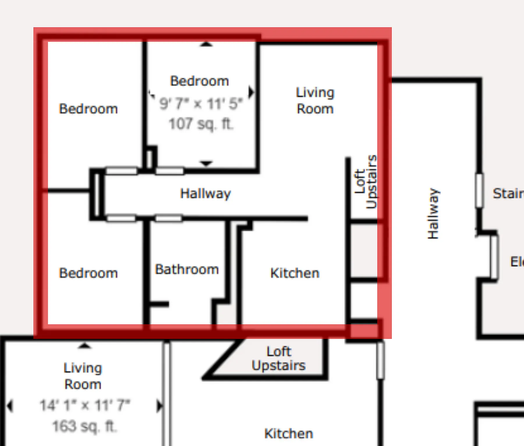 Elegant 3-bedroom, 1-bathroom floor plan featuring an additional loft space. Open living area connected to a modern kitchen, perfect for stylish living.