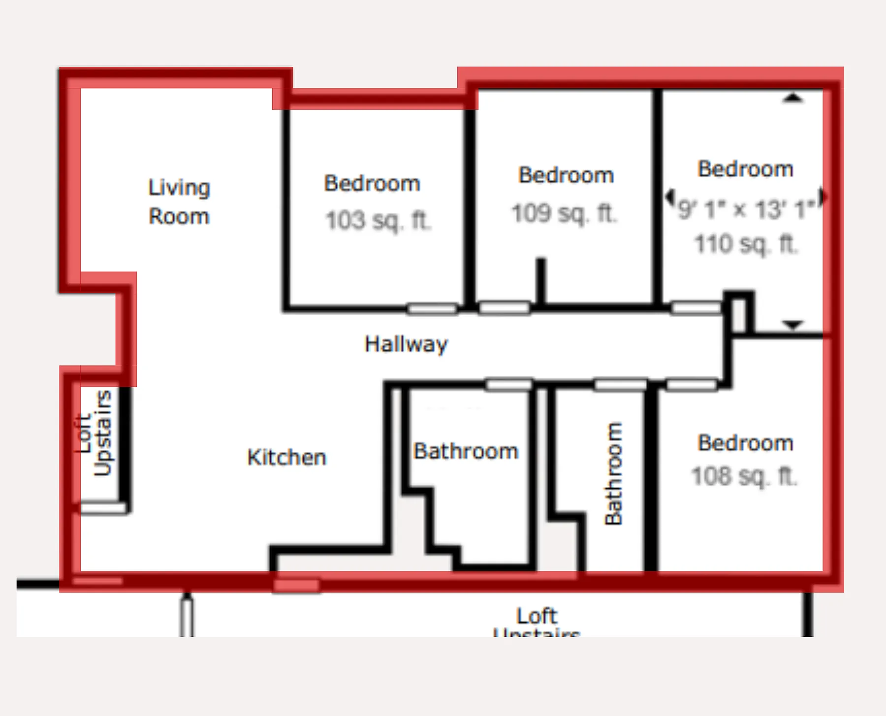Modern 4 bedroom, 2 bathroom floor plan with loft, featuring a spacious living room, and well-appointed kitchen.
