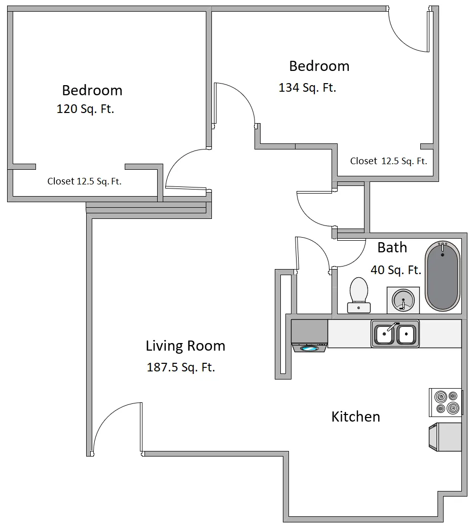 Inviting floor plan showcasing 2 bedrooms with ample closet space, a spacious living room, and a well-appointed kitchen with an adjacent bath.