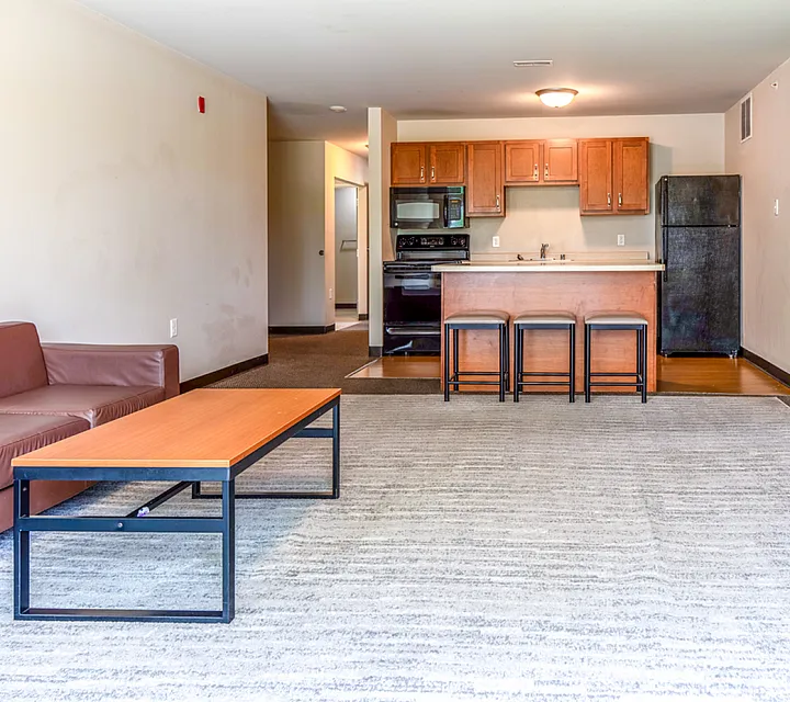 Inviting open-concept living area with modern kitchen, cozy seating, and sleek design accents.