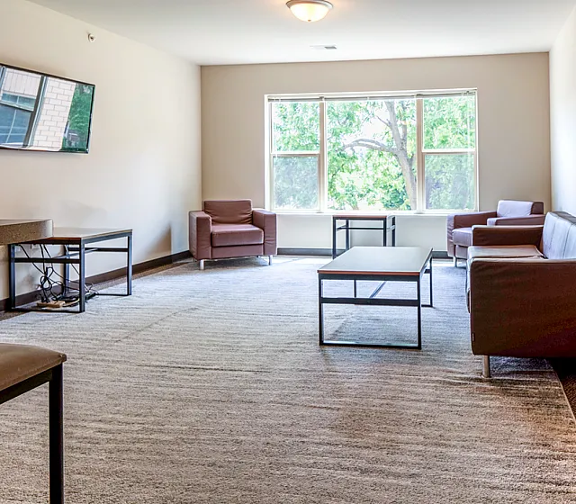 Bright and inviting living room with modern furnishings, plush seating, and a large window offering serene natural views.