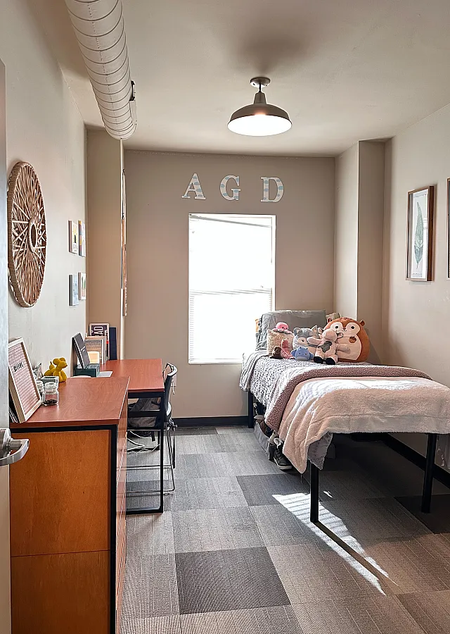 Cozy bedroom with a stylish desk, patterned plush toys, and ample natural light.