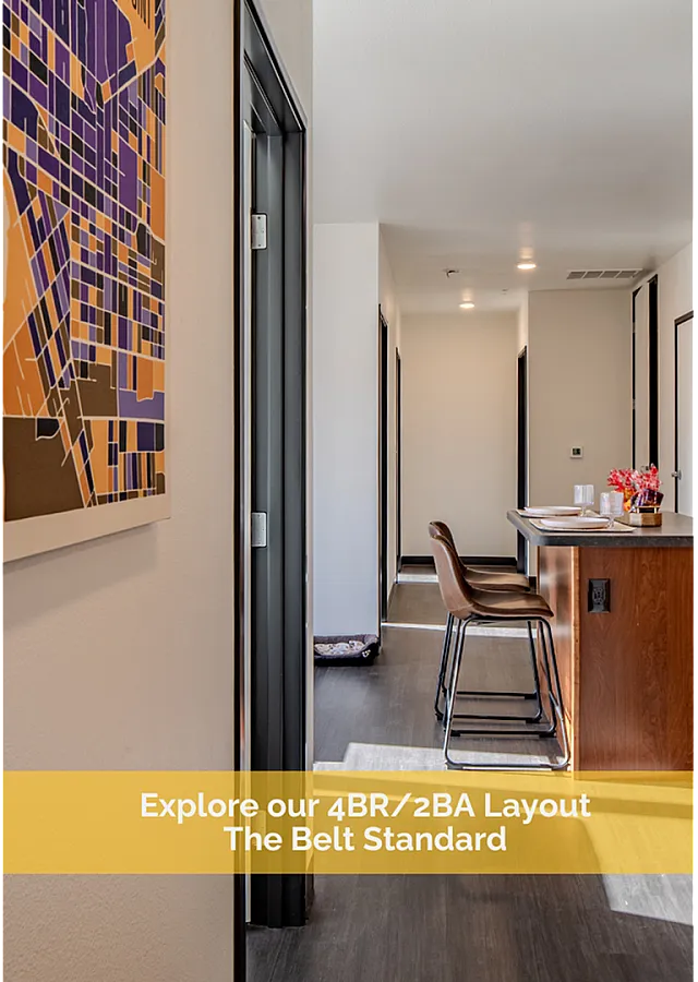 Modern apartment interior featuring a kitchen island with bar seating and contemporary wall art, highlighting the 4BR/2BA layout of The Belt Standard.
