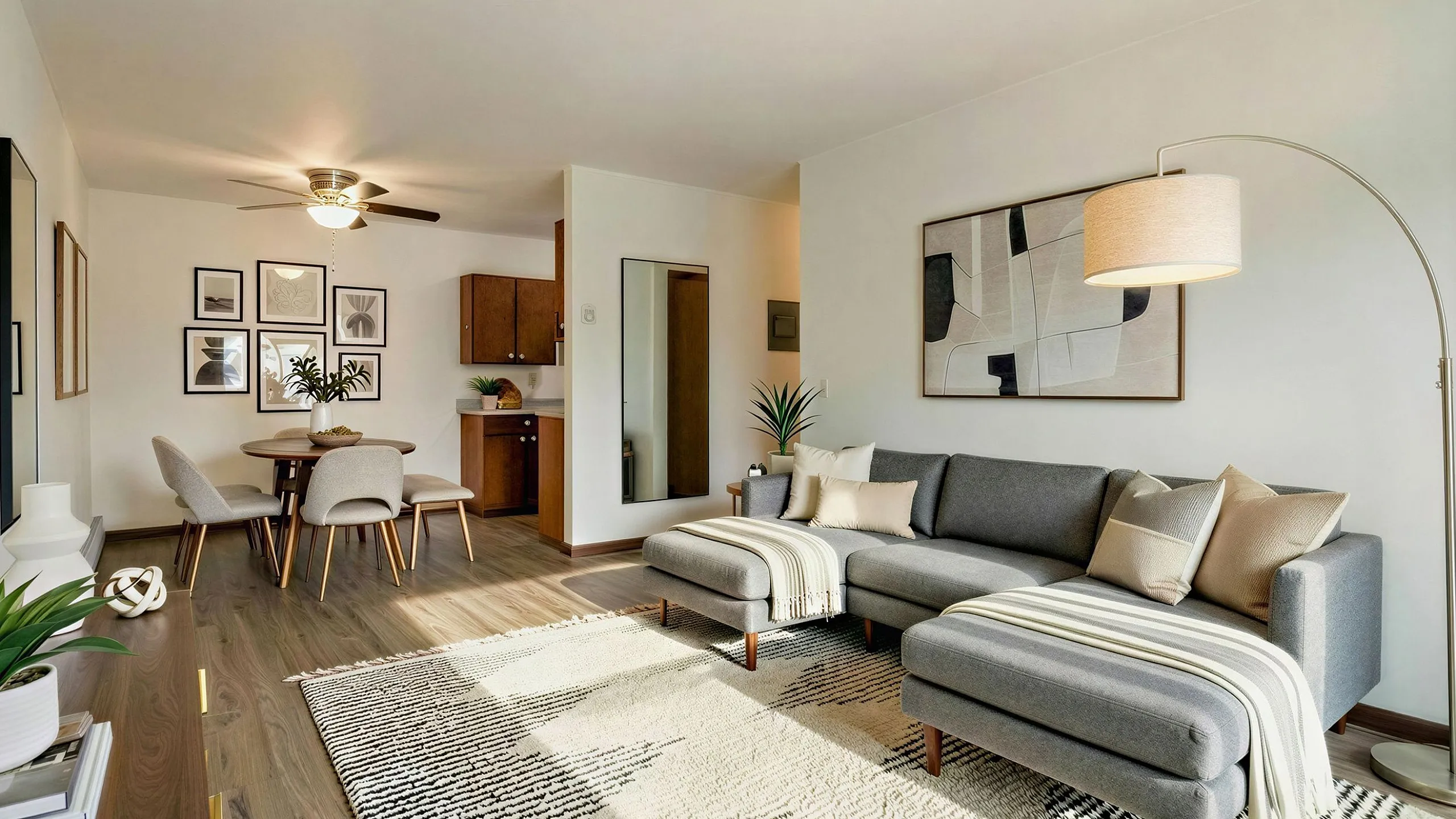 Bright, modern living and dining area with stylish decor, featuring a comfortable gray sectional sofa, chic art pieces, elegant wooden dining set, and abundant natural light.